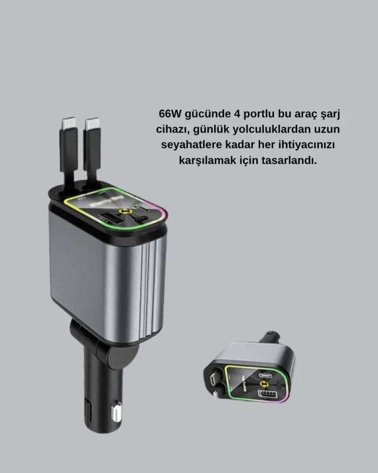 Araç Şarj Cihazı 66W 4 Portlu Hızlı Şarj ve LED Işıklı
